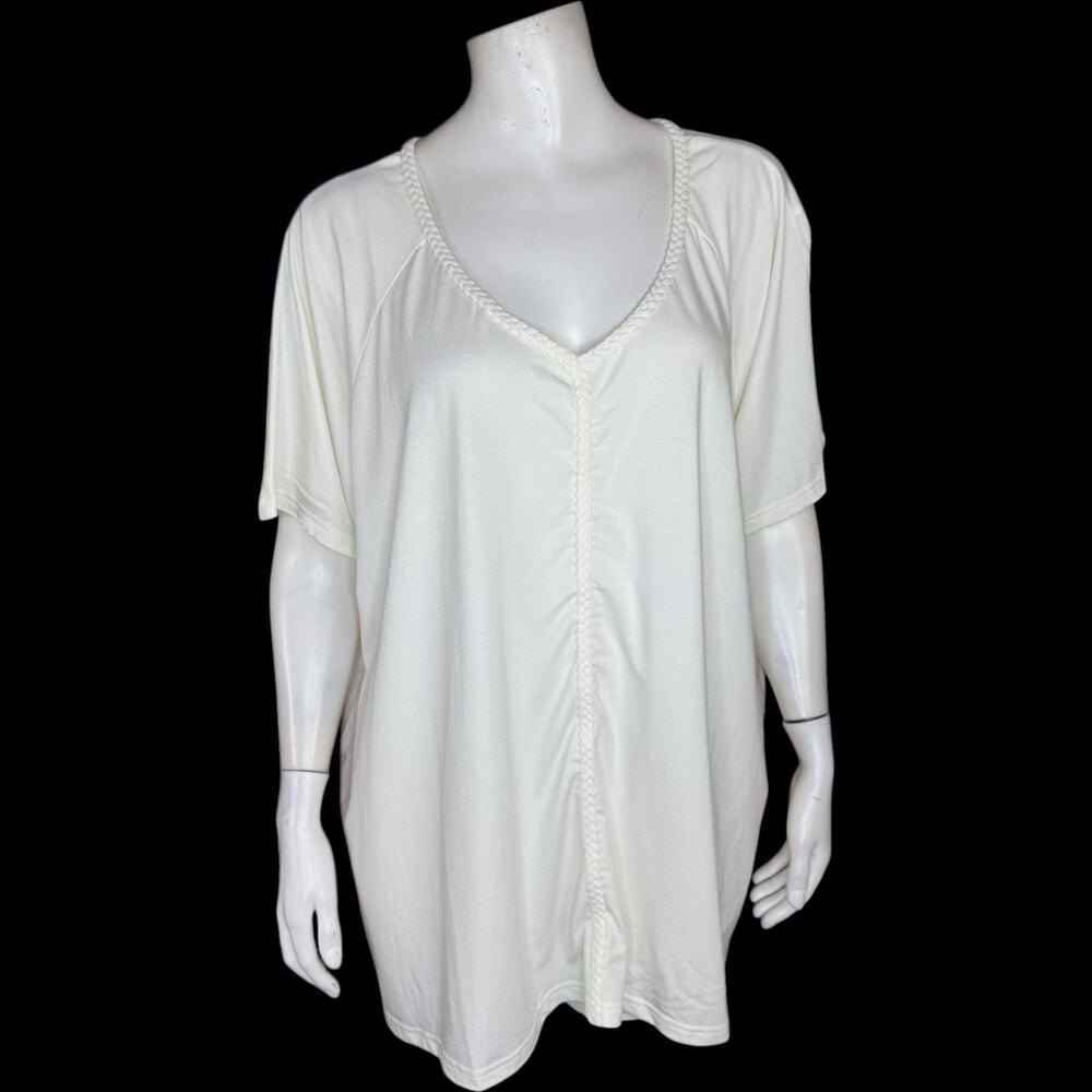 Laurie Felt‎ White Tunic Top 2X Bamboo Cotton V-Neck Braided Trim Stretch NWT